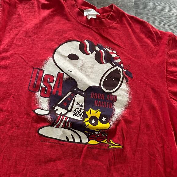 Vintage 90s Snoopy Peanuts Woodstock USA  Patriotic Flag Red Mens XL T-Shirt EUC - Picture 1 of 8
